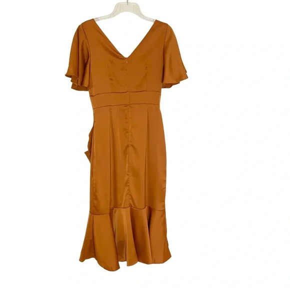AmyLynn Amoura Ruffle Midi Satin Wedding Guest Dress Tan Size S NWT - Picture 5 of 10